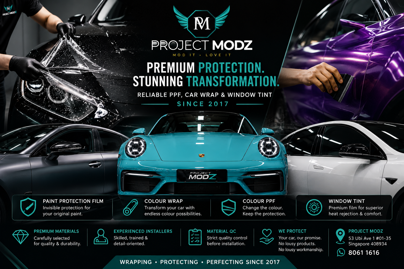 Project Modz Singapore premium PPF, car wrap, Colour PPF and window tint services with experienced installers since 2017