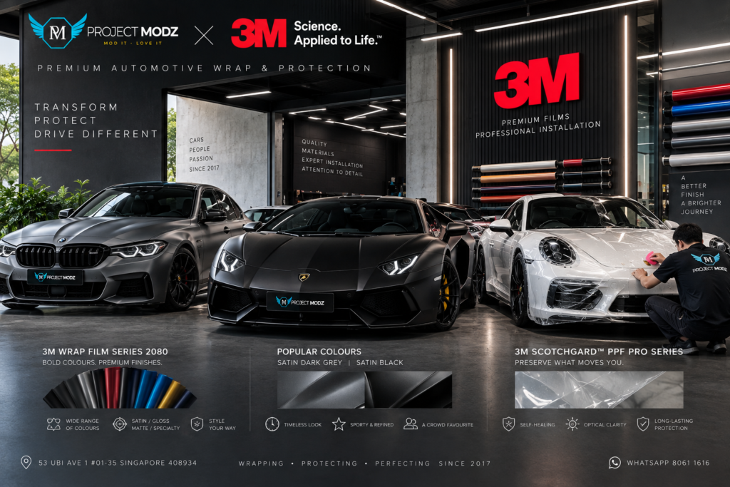 3M car wrap and PPF installation in Singapore by Project Modz, featuring premium automotive colour wrap and paint protection film.