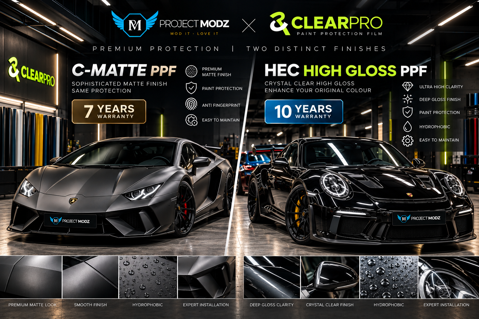 ClearPro PPF Singapore by Project Modz featuring C-Matte PPF with 7-year warranty and HEC High Gloss PPF with 10-year warranty.