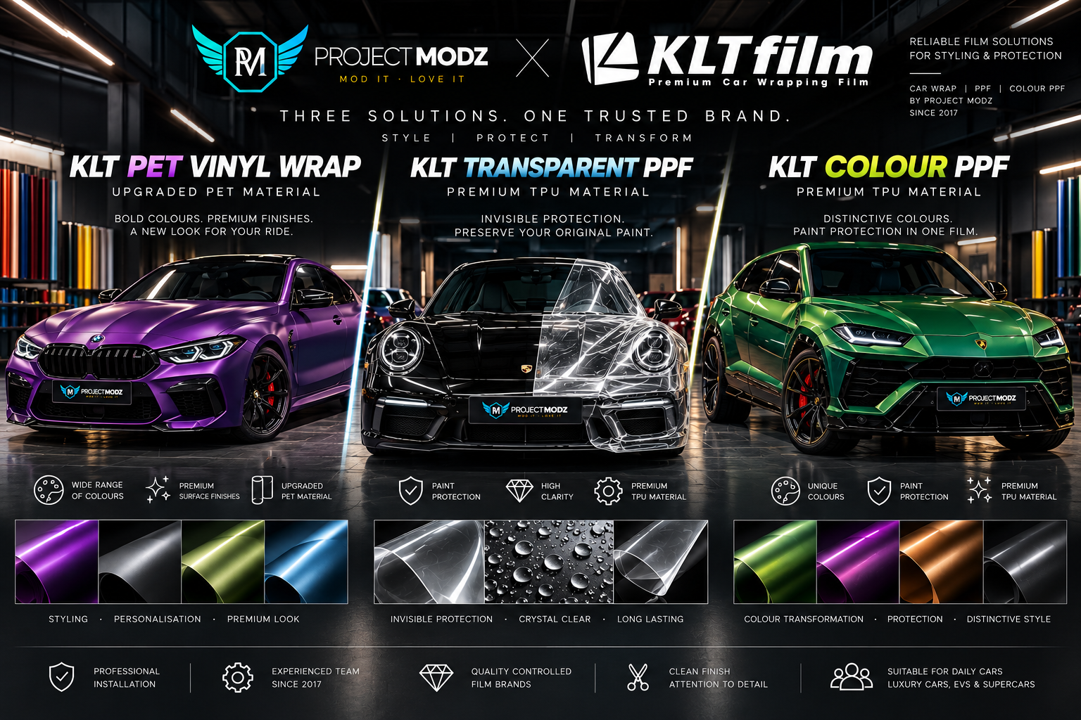 KLT Film Singapore by Project Modz featuring upgraded PET car wrap, transparent TPU PPF and TPU Colour PPF professional installation.