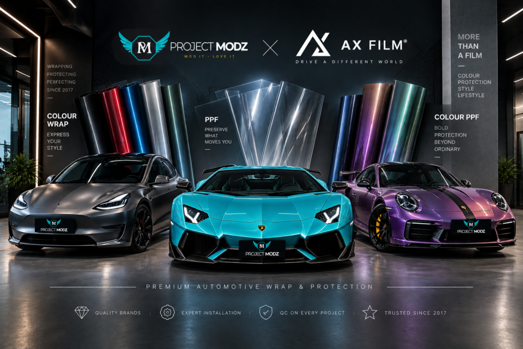 Project Modz AX Film Singapore featuring premium colour car wrap, clear PPF and Colour PPF installation for automotive styling and protection.