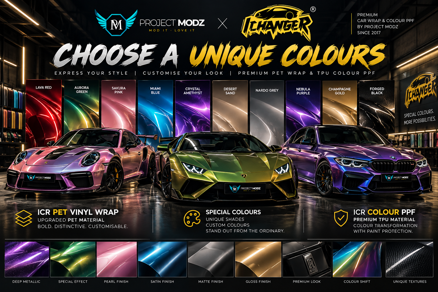 iChanger ICR Film Singapore by Project Modz featuring custom PET vinyl car wrap colours and TPU Colour PPF professional installation.