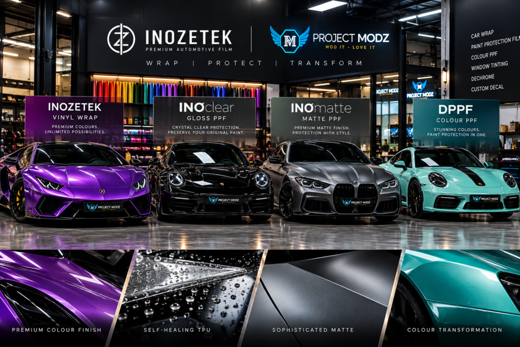 Inozetek Singapore premium vinyl car wrap, INOclear Gloss PPF, INOmatte Matte PPF and DPPF Colour PPF professionally installed by Project Modz.